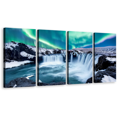 Skjalfandafljot River Canvas Print, Green Northern Lights Godafoss Waterfall 4 Piece Canvas Set, Blue Waterfall in Iceland Canvas Wall Art