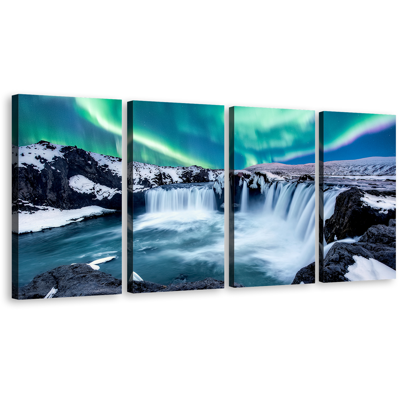 Skjalfandafljot River Canvas Print, Green Northern Lights Godafoss Waterfall 4 Piece Canvas Set, Blue Waterfall in Iceland Canvas Wall Art