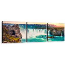 Load image into Gallery viewer, Skjalfandafljot River Canvas Print, Yellow Sky Northern Iceland Waterfall 3 Piece Canvas Wall Art, Europe Sea Green Godafoss Waterfall Canvas Set
