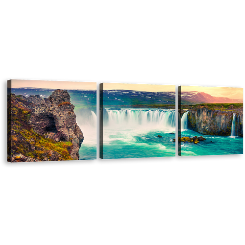 Skjalfandafljot River Canvas Print, Yellow Sky Northern Iceland Waterfall 3 Piece Canvas Wall Art, Europe Sea Green Godafoss Waterfall Canvas Set