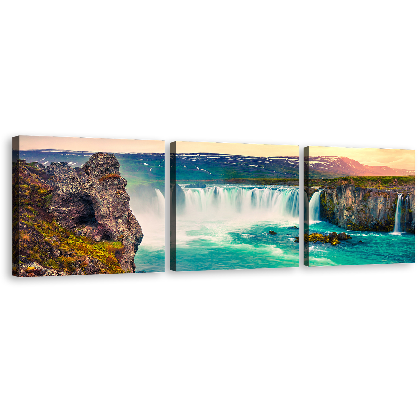 Skjalfandafljot River Canvas Print, Yellow Sky Northern Iceland Waterfall 3 Piece Canvas Wall Art, Europe Sea Green Godafoss Waterfall Canvas Set