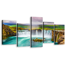 Load image into Gallery viewer, Skjalfandafljot River Canvas Wall Art, Beautiful Waterfall Iceland Canvas Set, Colorful Godafoss Waterfall Nature 5 Piece Canvas Print
