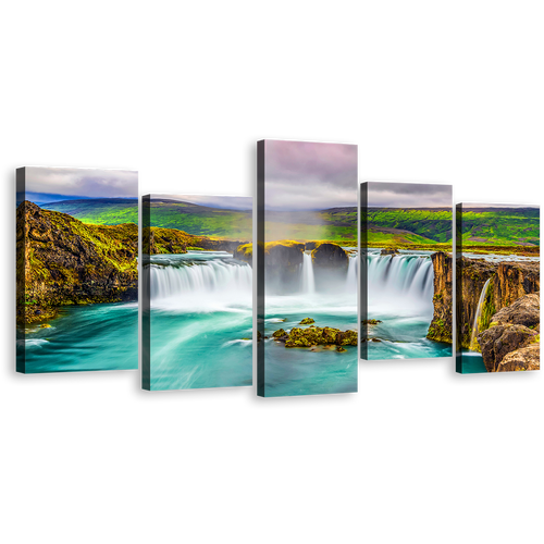 Skjalfandafljot River Canvas Wall Art, Beautiful Waterfall Iceland Canvas Set, Colorful Godafoss Waterfall Nature 5 Piece Canvas Print