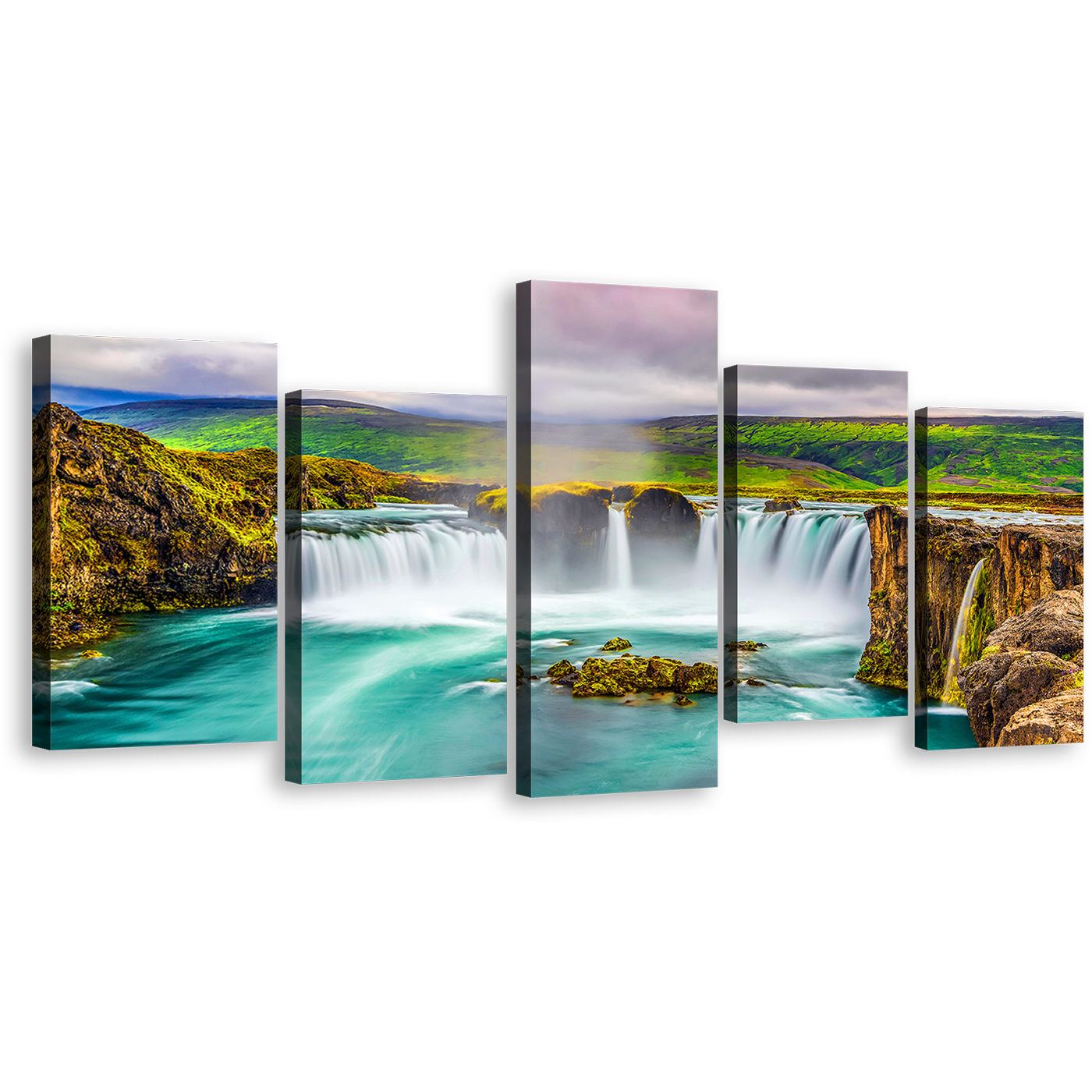 Skjalfandafljot River Canvas Wall Art, Beautiful Waterfall Iceland Canvas Set, Colorful Godafoss Waterfall Nature 5 Piece Canvas Print