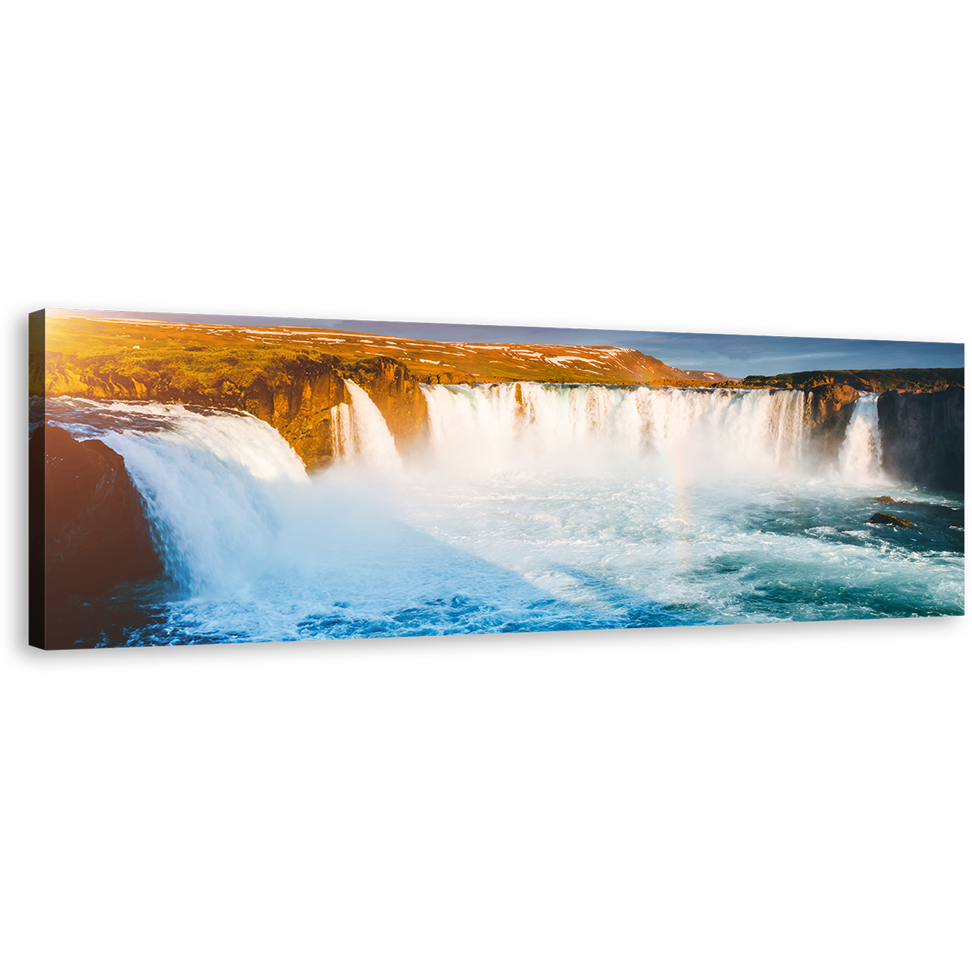 Skjalfandafljot River Canvas Wall Art, Blue Waterfall Bardardalur Valley Canvas Artwork, Yellow Godafoss Cascade Landscape Waterfall 1 Piece Canvas Print