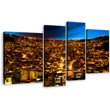 Load image into Gallery viewer, Skyline Elevation Canvas Print, Blue Sky City Mountains Wall Art, Gold City Lights Bolivia 4 Piece Multi Canvas
