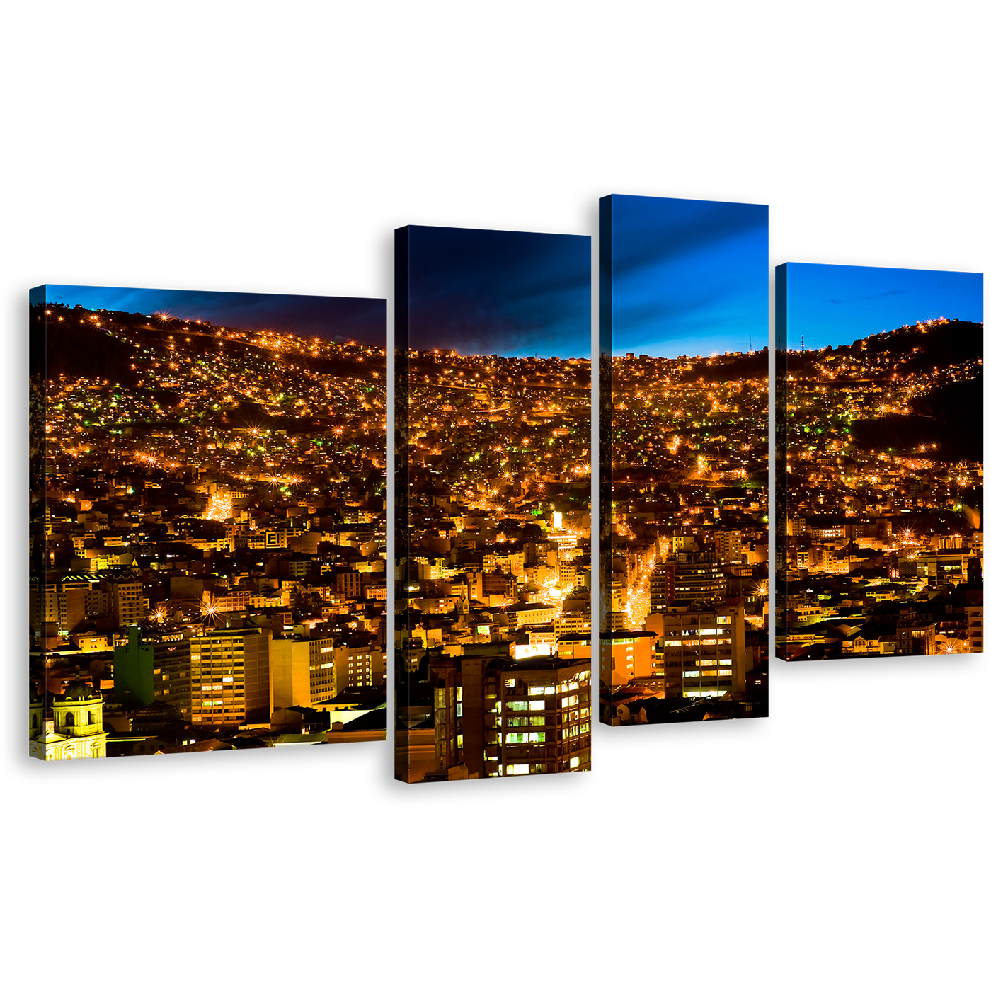 Skyline Elevation Canvas Print, Blue Sky City Mountains Wall Art, Gold City Lights Bolivia 4 Piece Multi Canvas