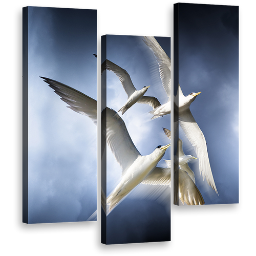 Skyward Flight Canvas Print, Graceful Dove in Blue Sky Canvas Set, Flock of White Birds 3 Piece Canvas Wall Art