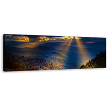 Load image into Gallery viewer, Smoky Mountains Wall Art, Yellow Sunbeams Mountains Scenery Canvas Print, Blue Cloudy Sky Landscape Trees 1 Piece Canvas Art
