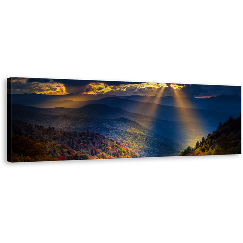 Smoky Mountains Wall Art, Yellow Sunbeams Mountains Scenery Canvas Print, Blue Cloudy Sky Landscape Trees 1 Piece Canvas Art