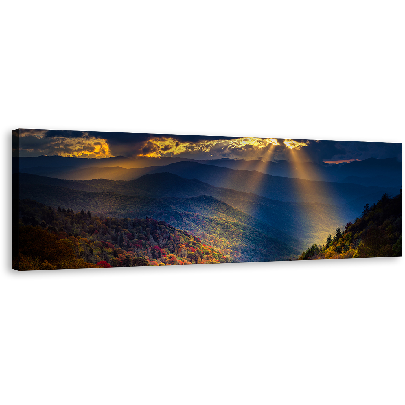 Smoky Mountains Wall Art, Yellow Sunbeams Mountains Scenery Canvas Print, Blue Cloudy Sky Landscape Trees 1 Piece Canvas Art