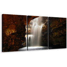 Load image into Gallery viewer, Smoo Cave Canvas Wall Art, Scotland Brown Cave Waterfall 3 Piece Canvas Print, White Waterfall in a Cave Triptych Multiple Canvas
