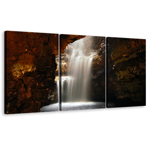 Smoo Cave Canvas Wall Art, Scotland Brown Cave Waterfall 3 Piece Canvas Print, White Waterfall in a Cave Triptych Multiple Canvas