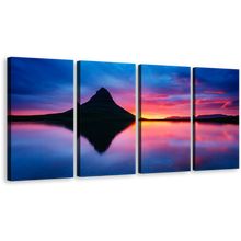 Load image into Gallery viewer, Snaefellsnes Peninsula Canvas Wall Art, Kirkjufell Volcano 4 Piece Canvas Print, Europe Ocean Mountains Iceland Canvas Set, Blue Orange Sunset Multi Canvas
