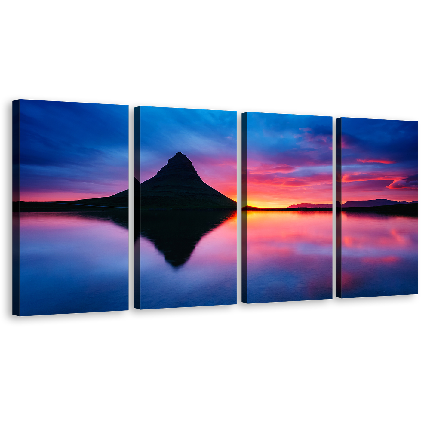 Snaefellsnes Peninsula Canvas Wall Art, Kirkjufell Volcano 4 Piece Canvas Print, Europe Ocean Mountains Iceland Canvas Set, Blue Orange Sunset Multi Canvas