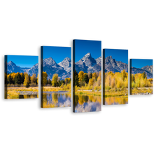 Load image into Gallery viewer, Snake River Canvas Print, Blue Sky Ocean Mountains Canvas Set, Golden Aspen Trees Grand Teton National Park 5 Piece Wall Art
