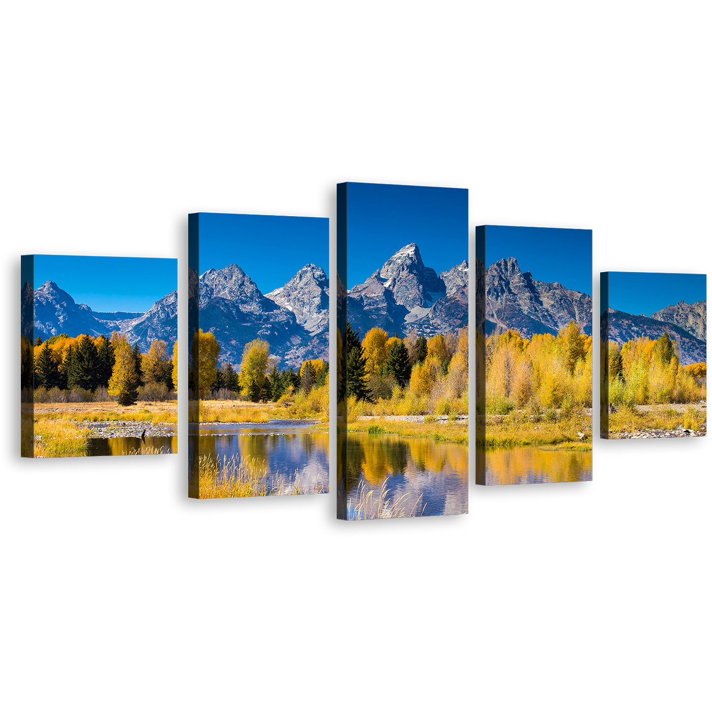 Snake River Canvas Print, Blue Sky Ocean Mountains Canvas Set, Golden Aspen Trees Grand Teton National Park 5 Piece Wall Art