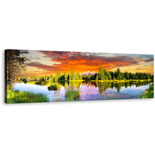 Load image into Gallery viewer, Snake River Canvas Wall Art, Grand Tetons Landscape Green Trees Wide Canvas, Wyoming Mountain Scenery Panoramic Canvas Print, Dramatic Orange Sky Canvas Artwork
