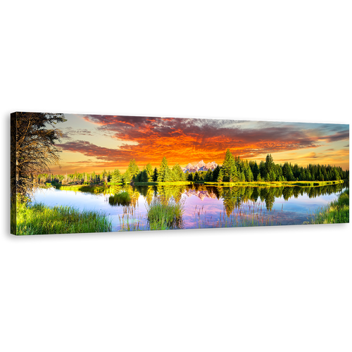 Snake River Canvas Wall Art, Grand Tetons Landscape Green Trees Wide Canvas, Wyoming Mountain Scenery Panoramic Canvas Print, Dramatic Orange Sky Canvas Artwork