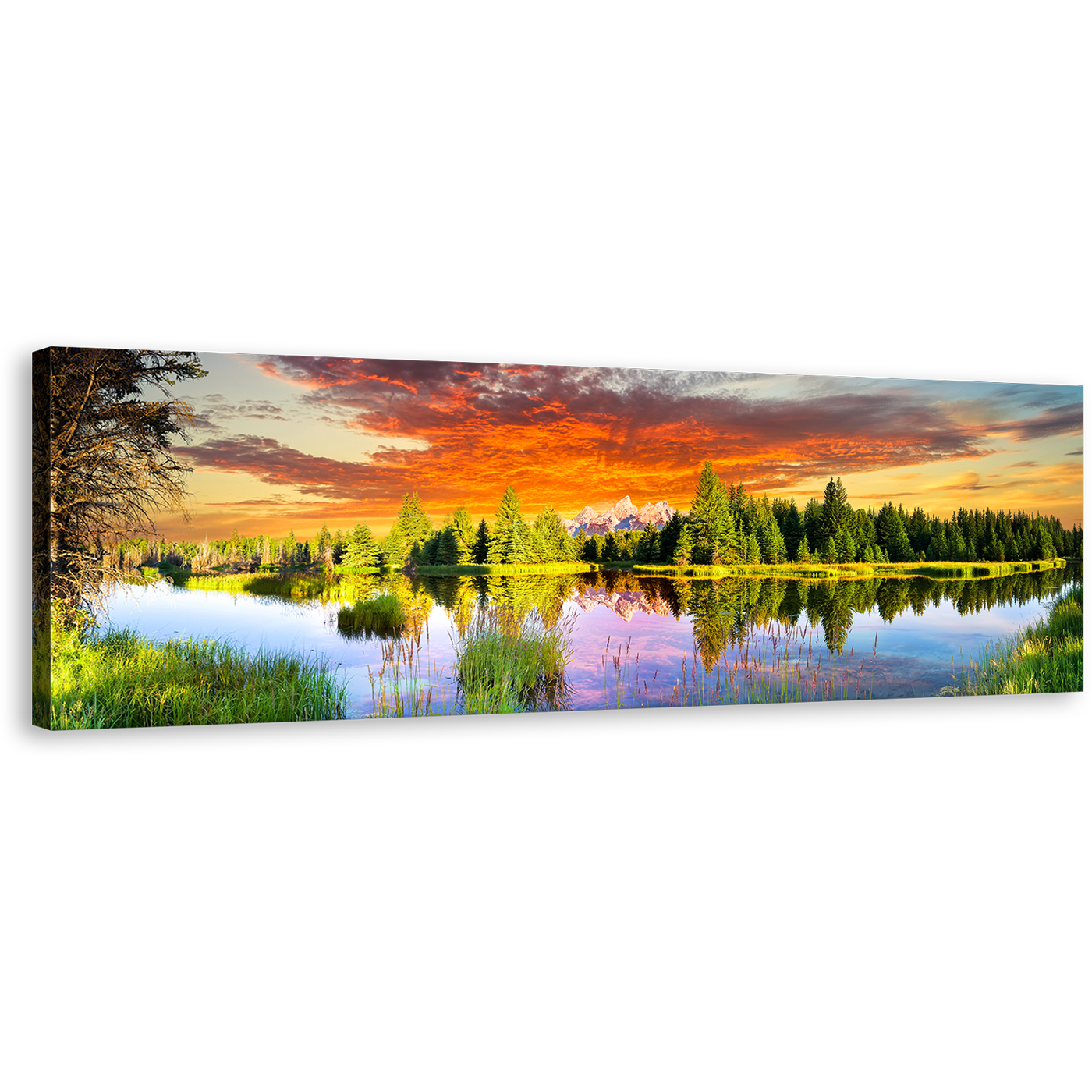 Snake River Canvas Wall Art, Grand Tetons Landscape Green Trees Wide Canvas, Wyoming Mountain Scenery Panoramic Canvas Print, Dramatic Orange Sky Canvas Artwork