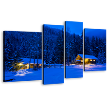 Load image into Gallery viewer, Snow Forest Canvas Print, Blue Trees Scenery 4 Piece Canvas Set, Beautiful Yellow Cabin Lights Wall Art
