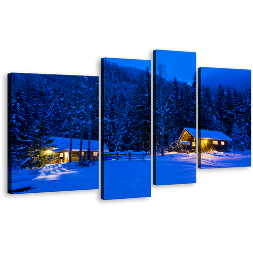 Snow Forest Canvas Print, Blue Trees Scenery 4 Piece Canvas Set, Beautiful Yellow Cabin Lights Wall Art