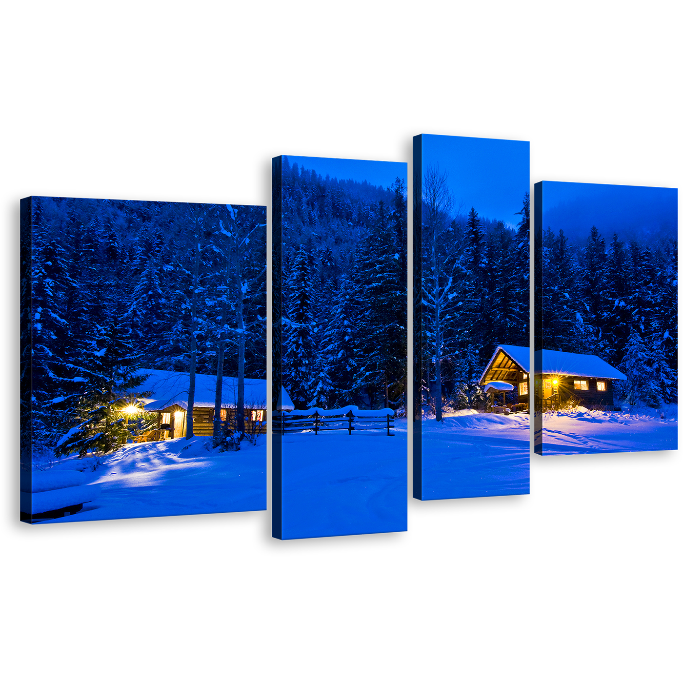 Snow Forest Canvas Print, Blue Trees Scenery 4 Piece Canvas Set, Beautiful Yellow Cabin Lights Wall Art