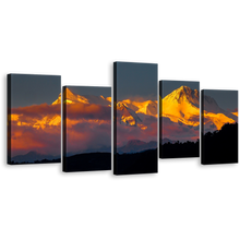 Load image into Gallery viewer, Snow Landscape Canvas Art, Orange Sunlight White Mount Machhapuchhre 5 Piece Wall Art, Pokhara Fishtail Phewa Lake Canvas Set
