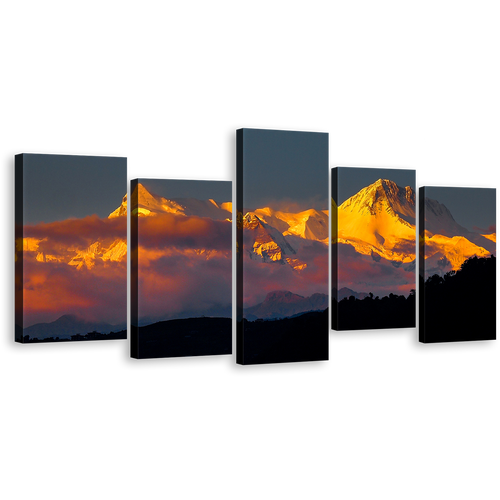 Snow Landscape Canvas Art, Orange Sunlight White Mount Machhapuchhre 5 Piece Wall Art, Pokhara Fishtail Phewa Lake Canvas Set