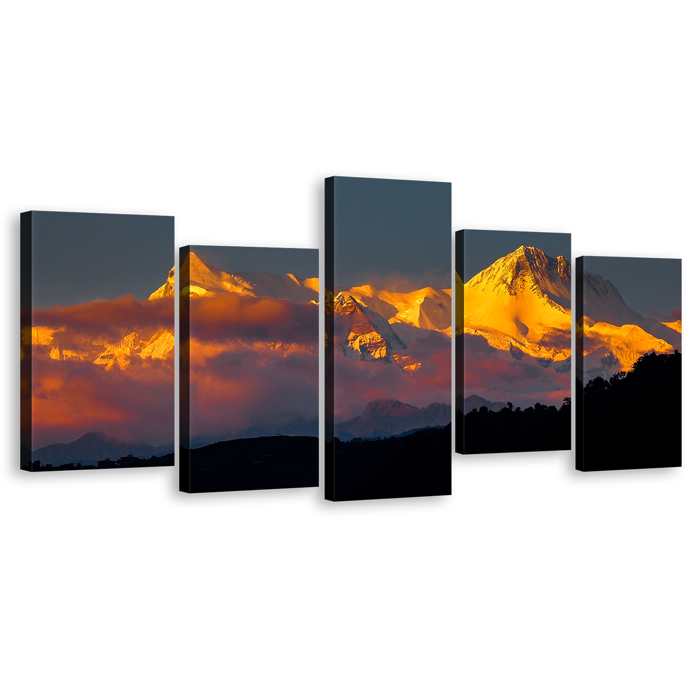 Snow Landscape Canvas Art, Orange Sunlight White Mount Machhapuchhre 5 Piece Wall Art, Pokhara Fishtail Phewa Lake Canvas Set