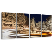 Load image into Gallery viewer, Snow Light Canvas Wall Art, Snow Night Sky Multiple Canvas, Grey Trees Winter Lights 4 Piece Canvas Set, Orange White Light Trail Canvas Print
