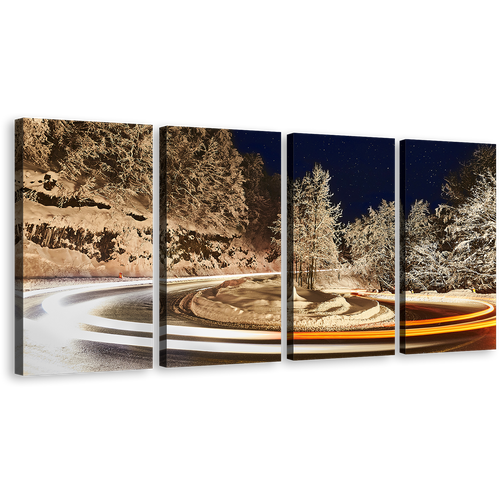 Snow Light Canvas Wall Art, Snow Night Sky Multiple Canvas, Grey Trees Winter Lights 4 Piece Canvas Set, Orange White Light Trail Canvas Print