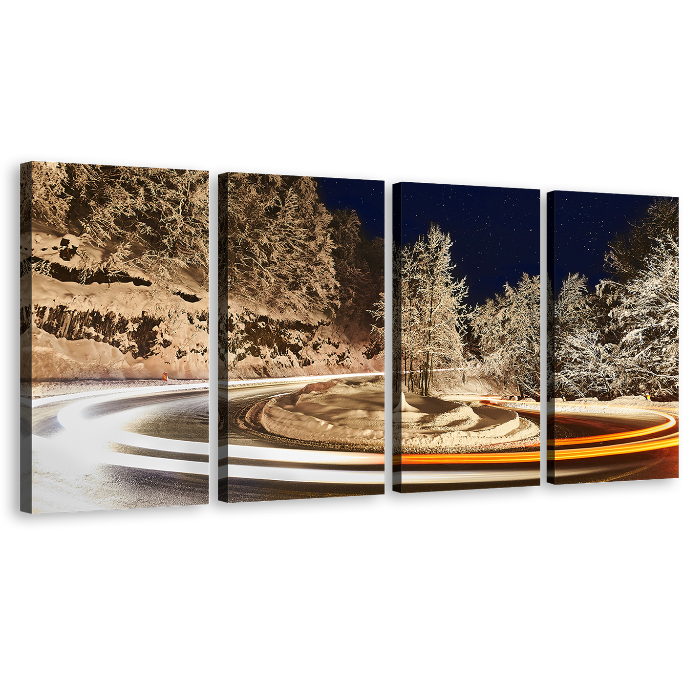 Snow Light Canvas Wall Art, Snow Night Sky Multiple Canvas, Grey Trees Winter Lights 4 Piece Canvas Set, Orange White Light Trail Canvas Print