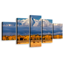 Load image into Gallery viewer, Snow Mountains Canvas Print, Orange Autumn Landscape Multi Canvas, Blue Cloudy Sky Canvas Set, Grand Tetons Range 5 Piece Canvas Wall Art
