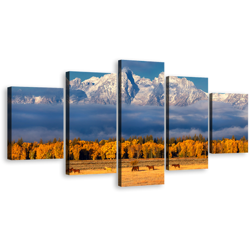 Snow Mountains Canvas Print, Orange Autumn Landscape Multi Canvas, Blue Cloudy Sky Canvas Set, Grand Tetons Range 5 Piece Canvas Wall Art