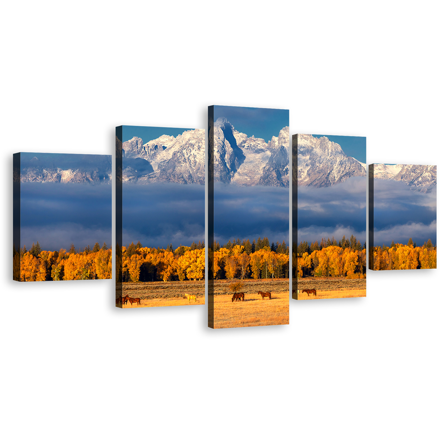 Snow Mountains Canvas Print, Orange Autumn Landscape Multi Canvas, Blue Cloudy Sky Canvas Set, Grand Tetons Range 5 Piece Canvas Wall Art