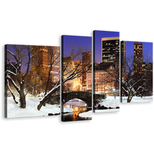 Load image into Gallery viewer, Snow Park Wall Art, White Snow Forest Trees Central Park Landscape 4 Piece Canvas Print, Yellow Sunset Park Bridge Multi Canvas
