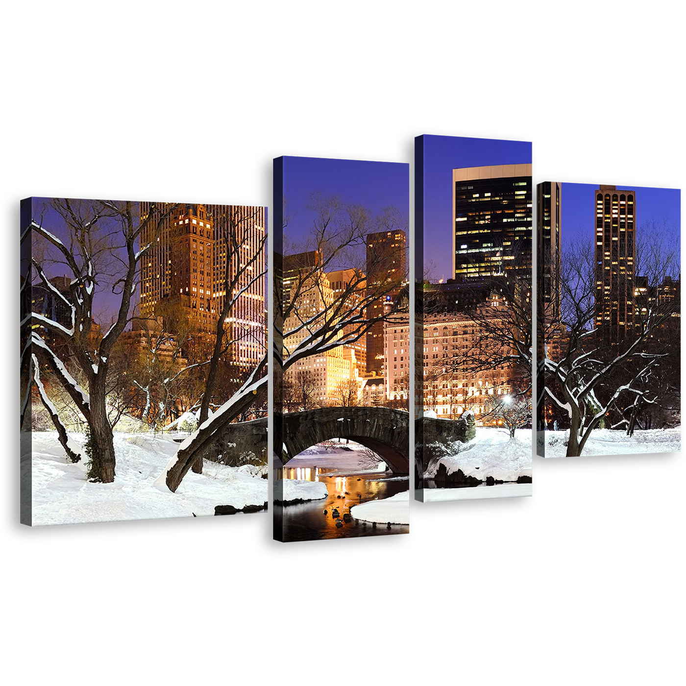 Snow Park Wall Art, White Snow Forest Trees Central Park Landscape 4 Piece Canvas Print, Yellow Sunset Park Bridge Multi Canvas