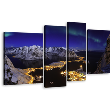 Load image into Gallery viewer, Snowy Mountains Canvas Wall Art, Blue Northern Lights Canvas Print, Aurora Village Seascape 4 Piece Canvas
