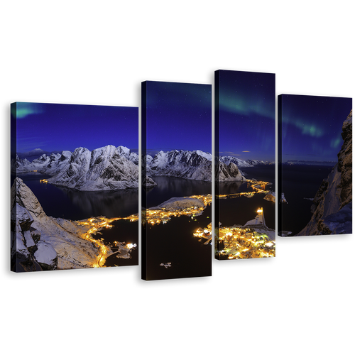 Snowy Mountains Canvas Wall Art, Blue Northern Lights Canvas Print, Aurora Village Seascape 4 Piece Canvas