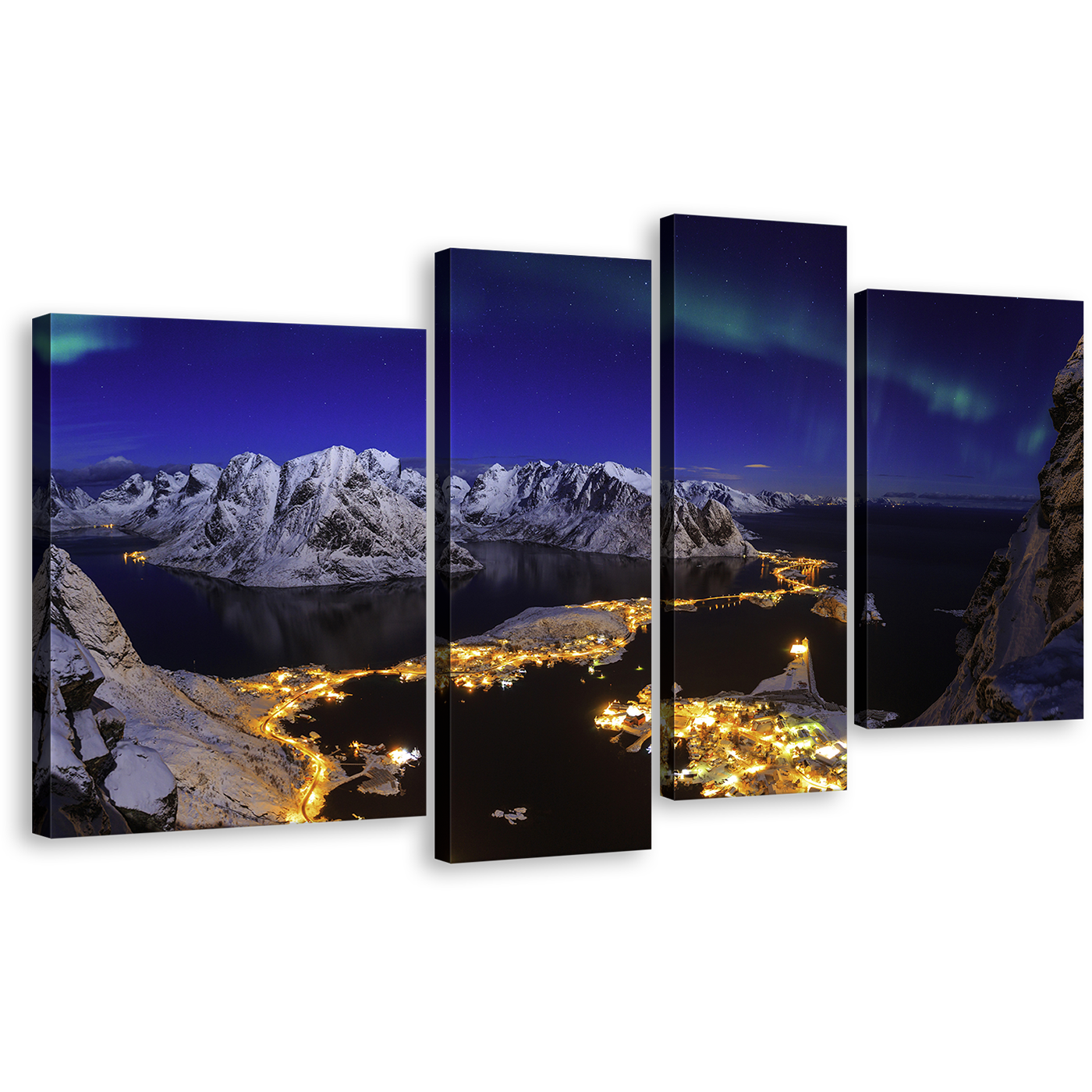 Snowy Mountains Canvas Wall Art, Blue Northern Lights Canvas Print, Aurora Village Seascape 4 Piece Canvas