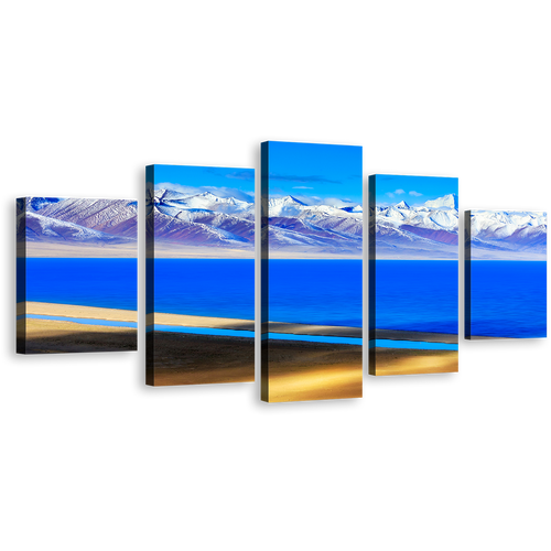 Snowy Mountains Wall Art, White Capped Ocean Mountains 5 Piece Canvas Print, Blue Lake in Tibet Multiple Canvas