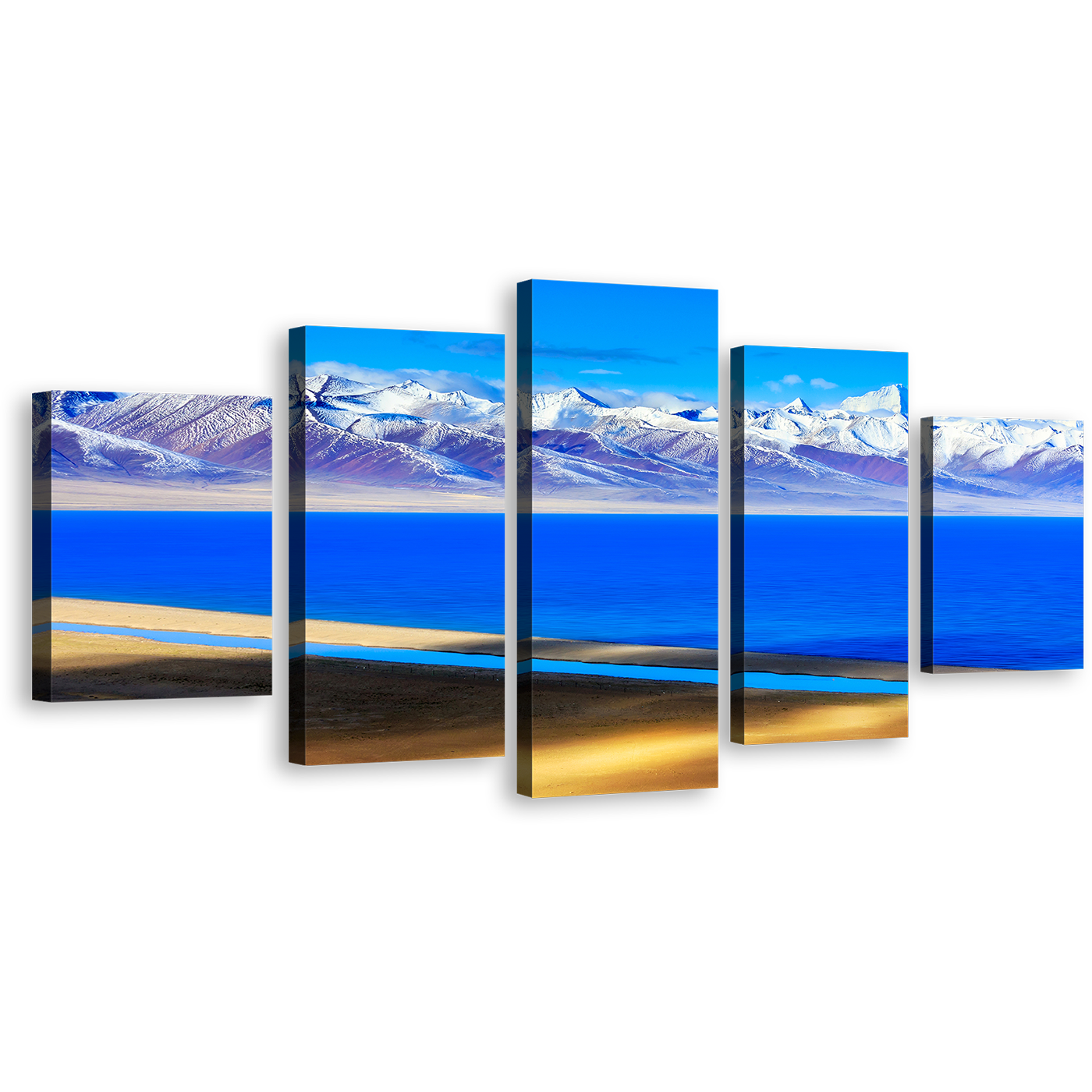 Snowy Mountains Wall Art, White Capped Ocean Mountains 5 Piece Canvas Print, Blue Lake in Tibet Multiple Canvas