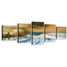 Load image into Gallery viewer, Snowy Path Canvas Print, Beautiful Brown Sky 5 Piece Wall Art, White Road Snow Winter Scenery Multiple Canvas
