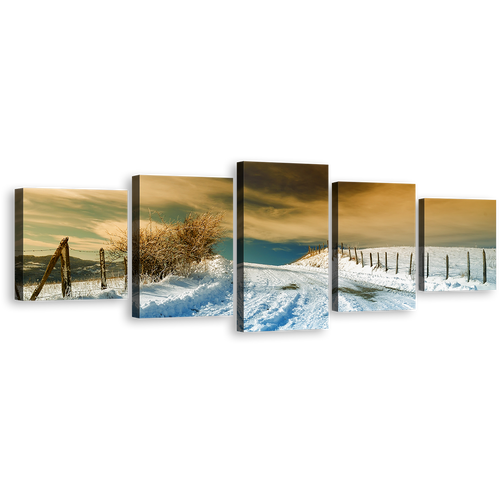 Snowy Path Canvas Print, Beautiful Brown Sky 5 Piece Wall Art, White Road Snow Winter Scenery Multiple Canvas