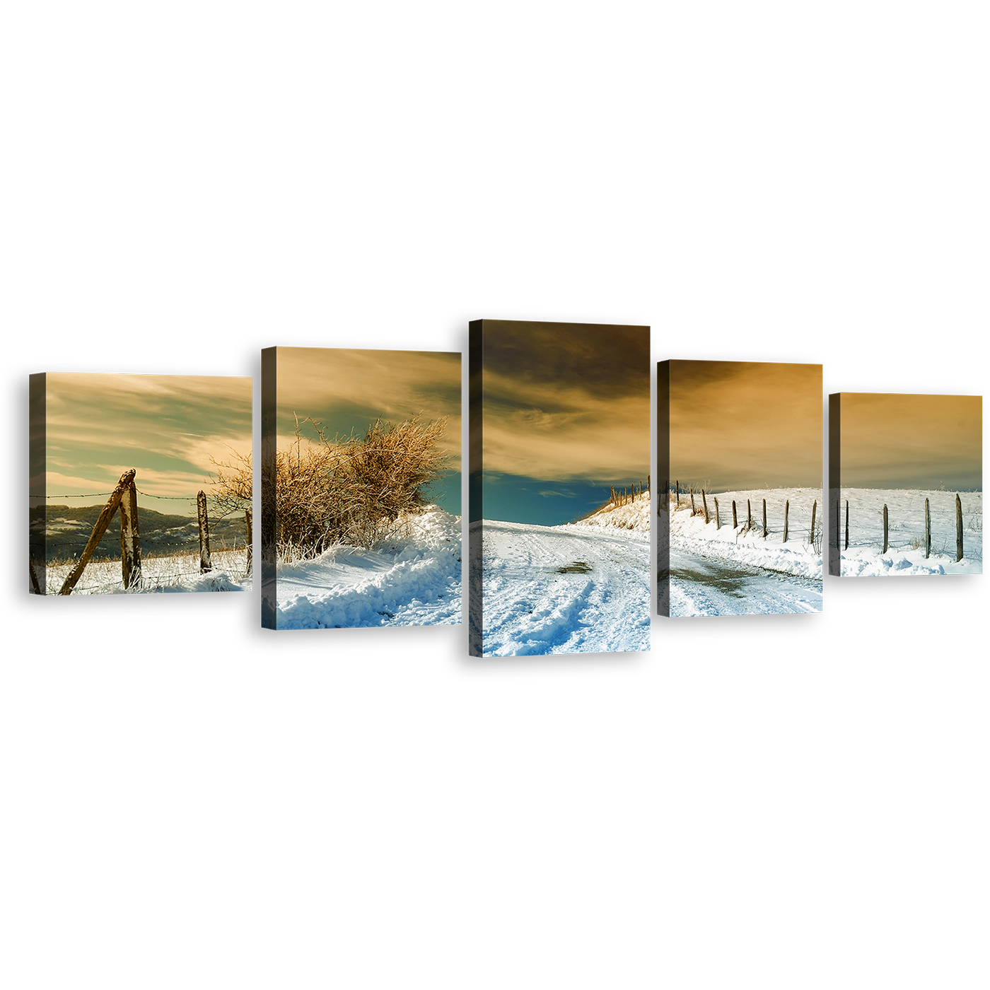 Snowy Path Canvas Print, Beautiful Brown Sky 5 Piece Wall Art, White Road Snow Winter Scenery Multiple Canvas