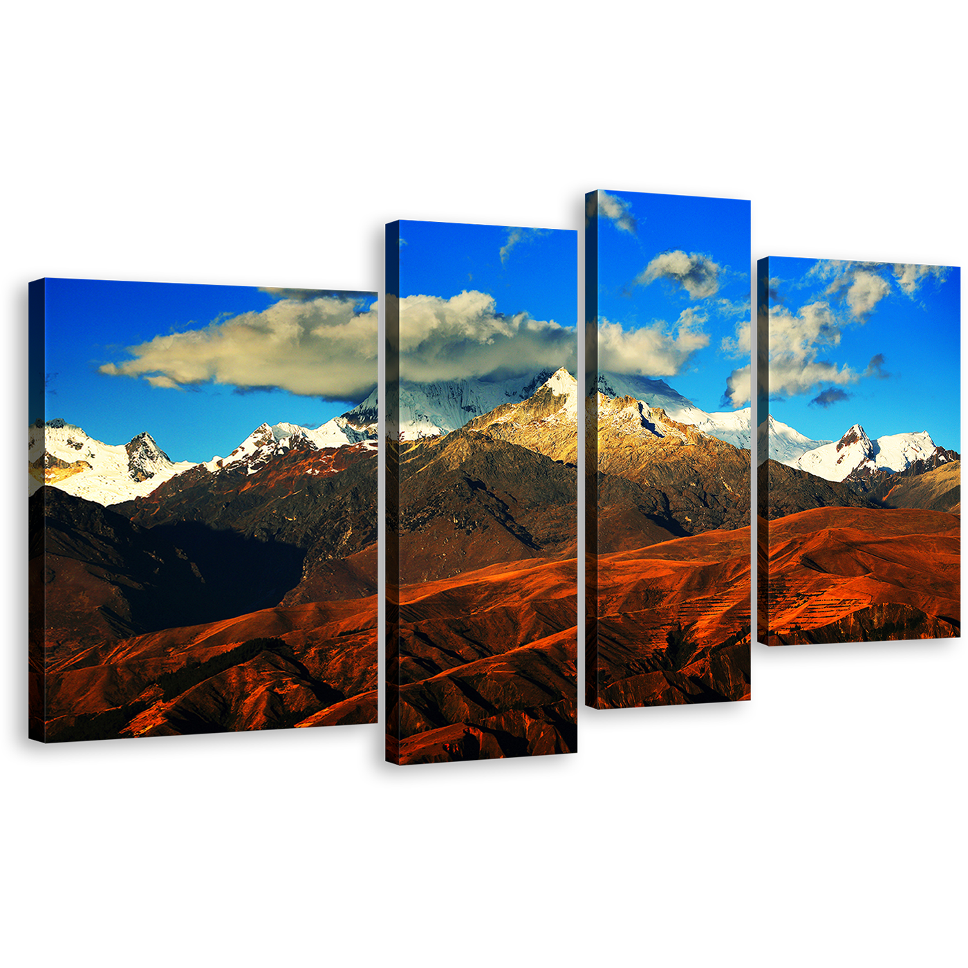 South America Canvas Print, Blue Cloudy Sky Snow Covered Cordillera Blanca Mountain 4 Piece Wall Art, Orange Peru Landscape Multi Canvas