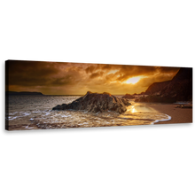 Load image into Gallery viewer, South Devon Canvas Wall Art, Leas Foot Sand Beach Wide Canvas, Yellow Salcombe Sun Beach Rocks Canvas Print, Brown Ocean Beach 1 Piece Canvas
