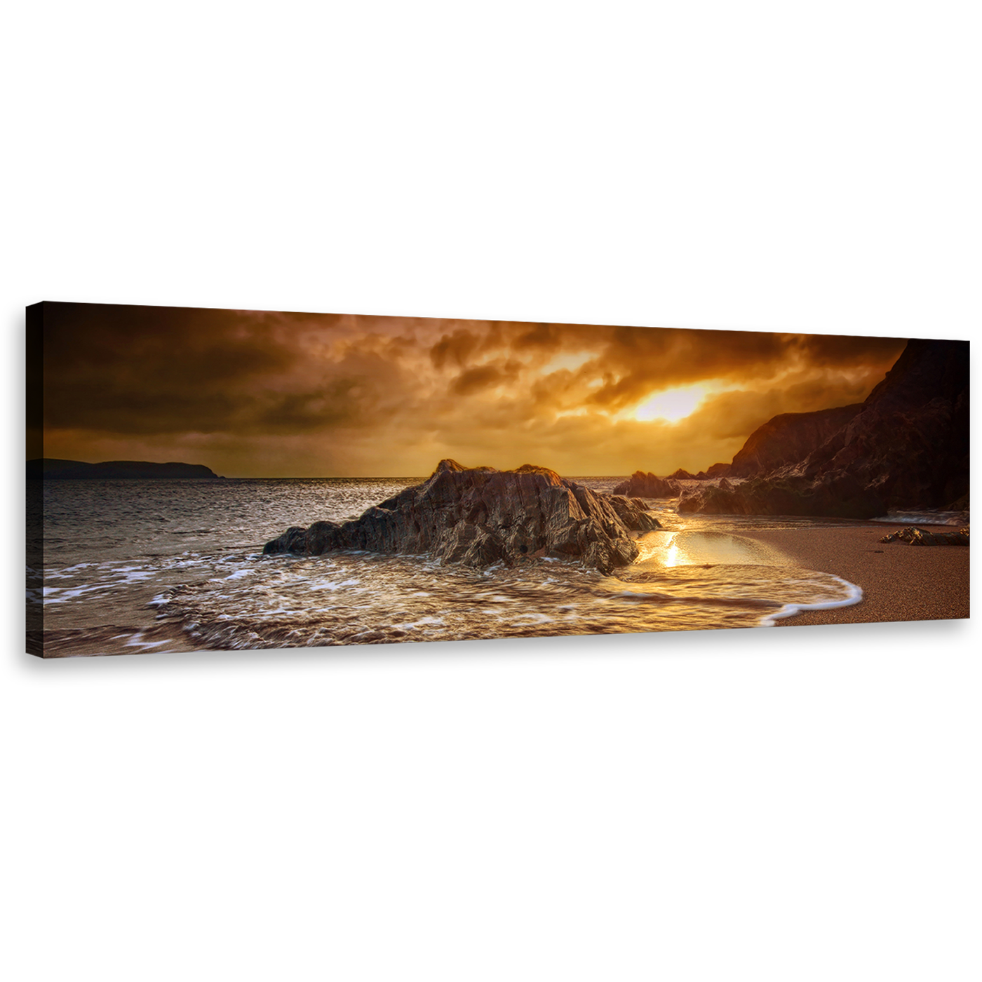 South Devon Canvas Wall Art, Leas Foot Sand Beach Wide Canvas, Yellow Salcombe Sun Beach Rocks Canvas Print, Brown Ocean Beach 1 Piece Canvas