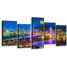 Load image into Gallery viewer, South Korea Canvas Wall Art, Colorful Cityscape Bridge 5 Piece Canvas Print, Busan Port City Mountains Moon Multiple Canvas
